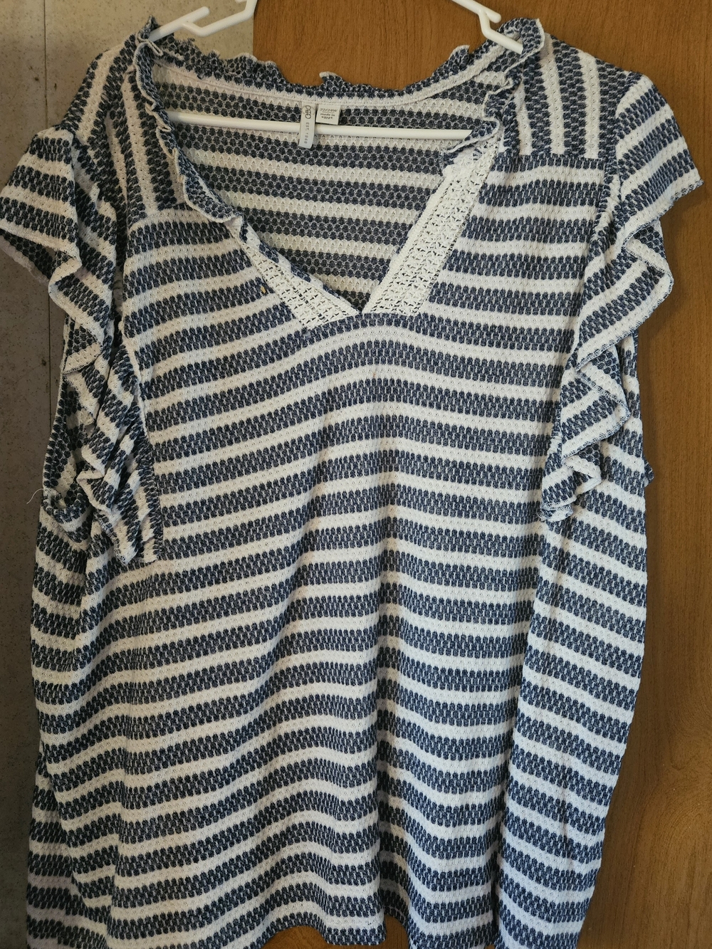 Cato Striped Ruffle Sleeve V-Neck Top - Navy & White